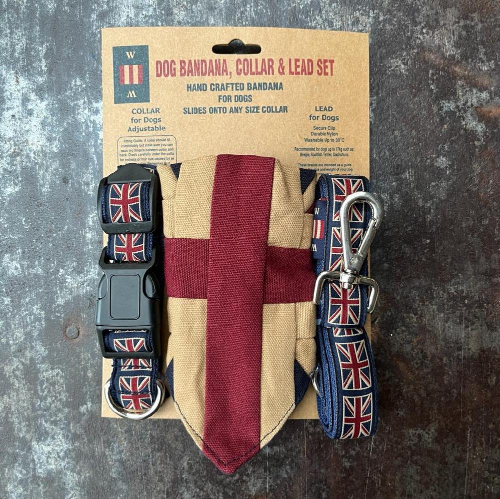 greige Vintage Style Union Jack Dog Bandana Collar and Lead Set