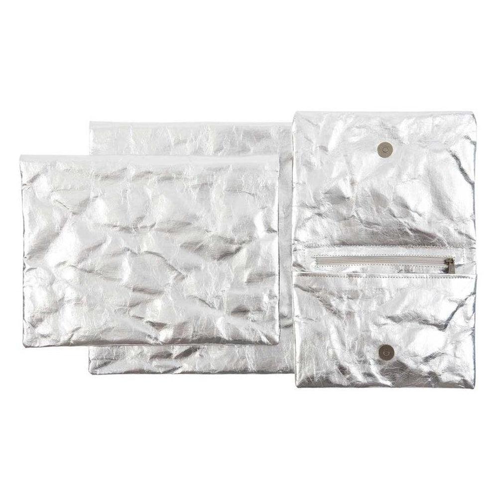 Greige Washable Metallic Paper Clutch Bag - Silver Or Platinum