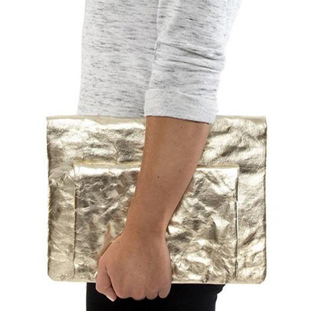Greige Washable Metallic Paper Clutch Bag - Silver Or Platinum