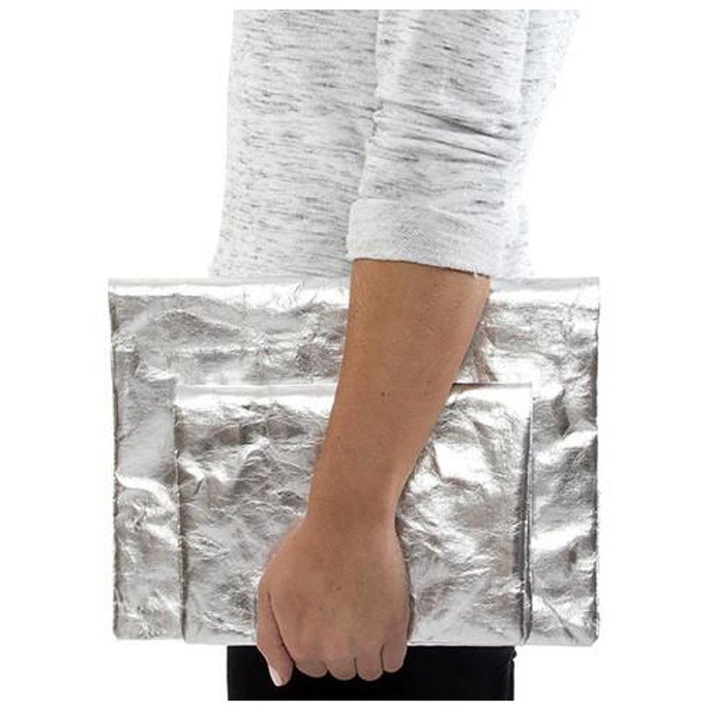 greige Washable Metallic Paper Clutch Bag - Silver or Platinum
