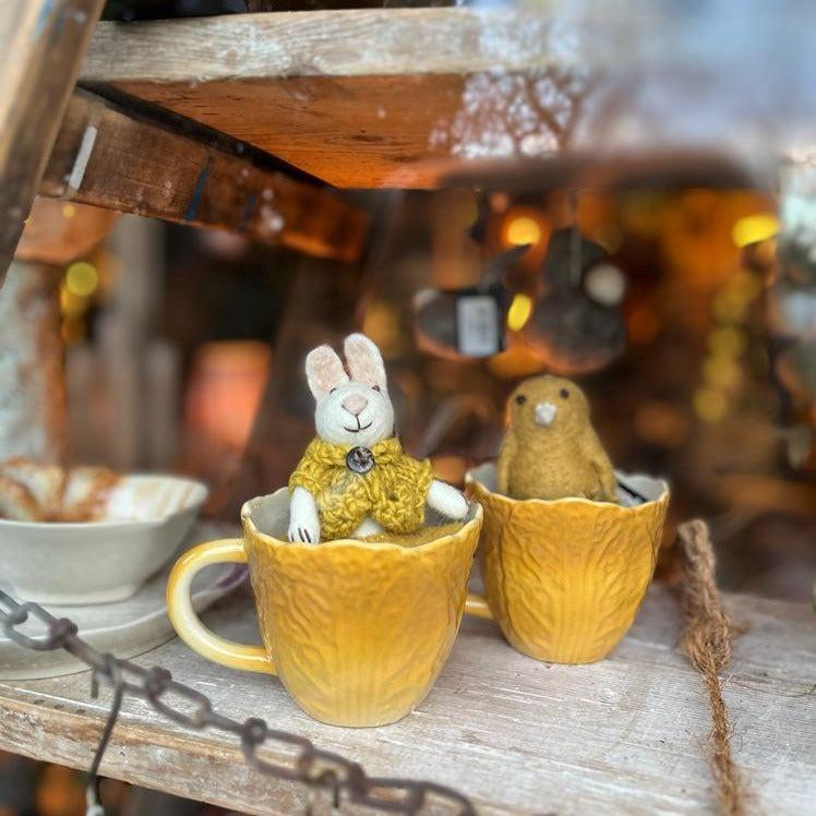 Greige White Felt Bunny With Ochre Skirt And Jacket - 14cm