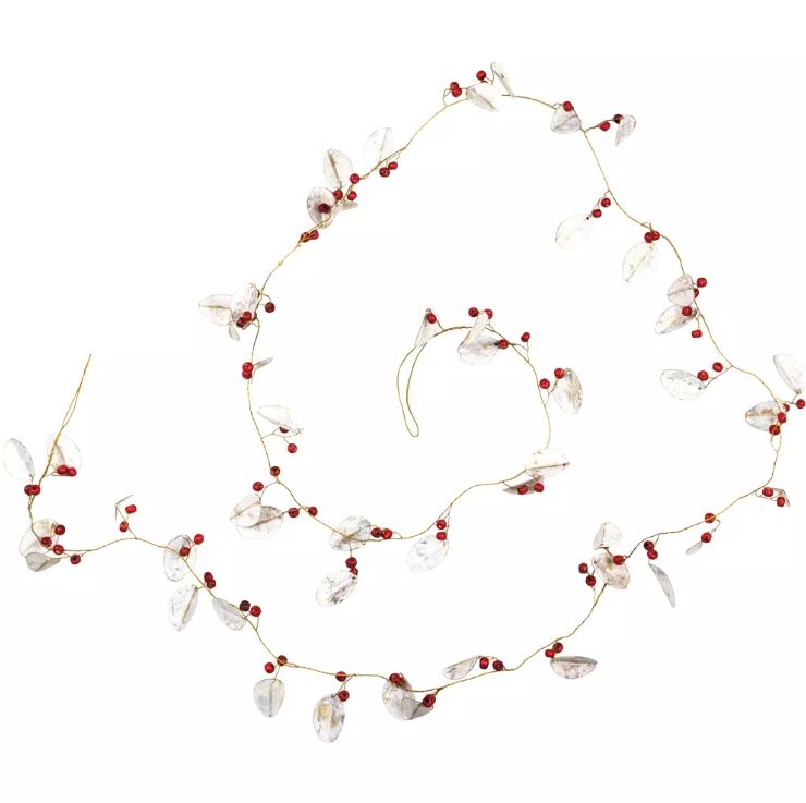 Greige White Leaves Garland With Red Wooden Berries
