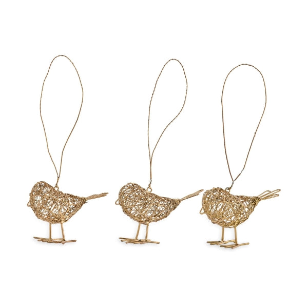 Greige Wire Bird Hanging Decoration - Brass - Set Of Three