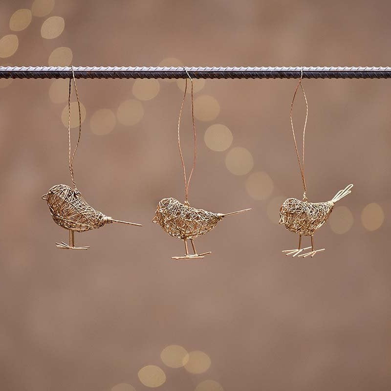 greige Wire Bird Hanging Decoration - Brass - Set of Three