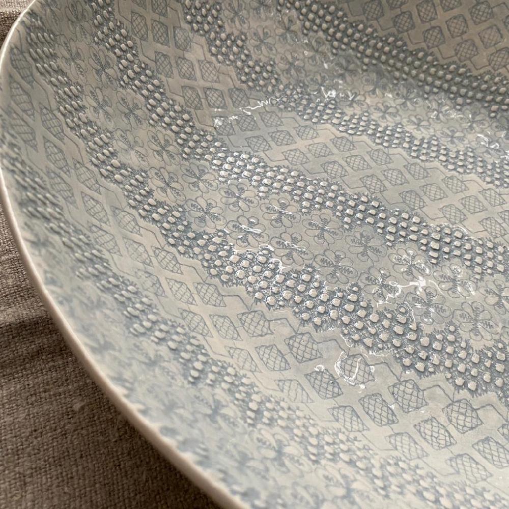 Greige Wonki Ware Extra Large Shallow Salad Bowl - Duck Egg Lace