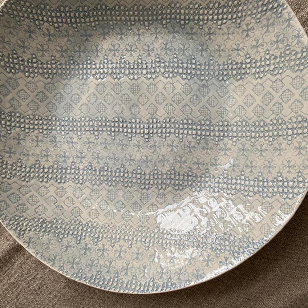 Greige Wonki Ware Extra Large Shallow Salad Bowl - Duck Egg Lace