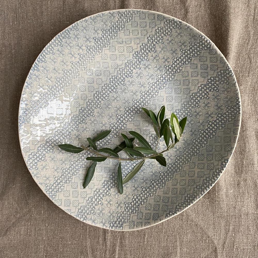 greige Wonki Ware Extra Large Shallow Salad Bowl - Duck Egg Lace