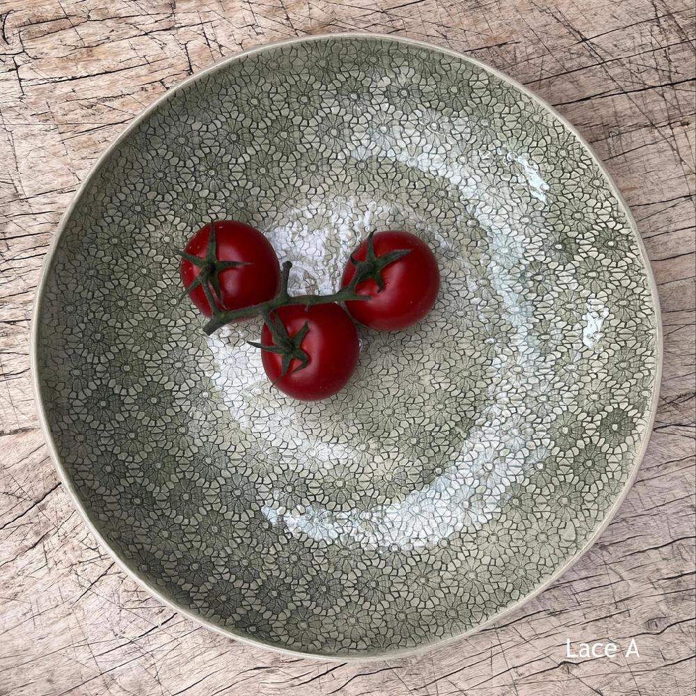 greige Wonki Ware Medium Spaghetti Bowl - Dark Green Lace