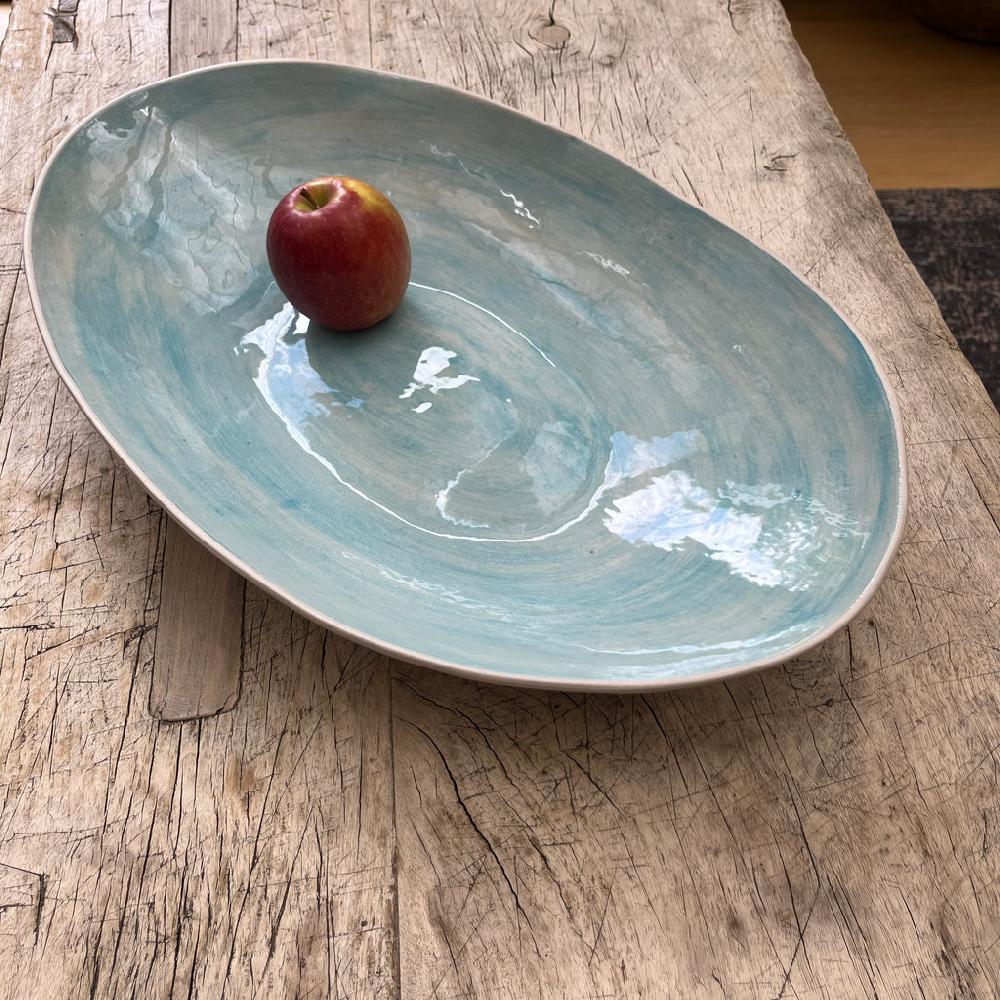 Greige Wonki Ware Oval Bowl - Extra Large - Turquoise Wash