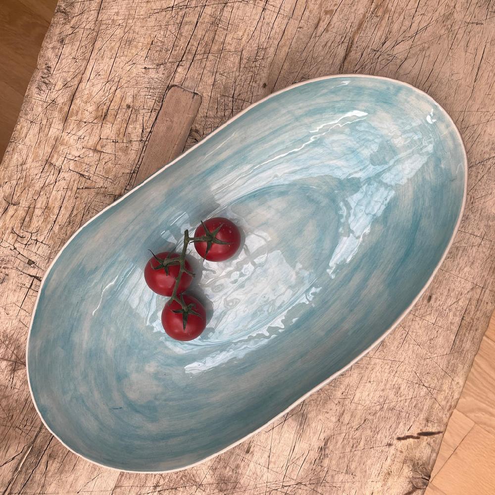 greige Wonki Ware Oval Bowl - Extra Large - Turquoise Wash