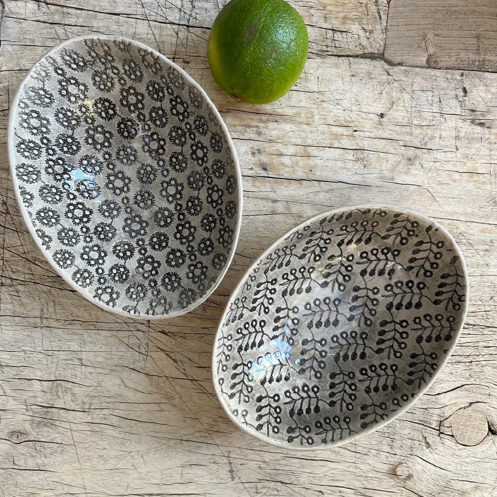 greige Wonki Ware Oval Bowl - Extra Small - Charcoal Lace