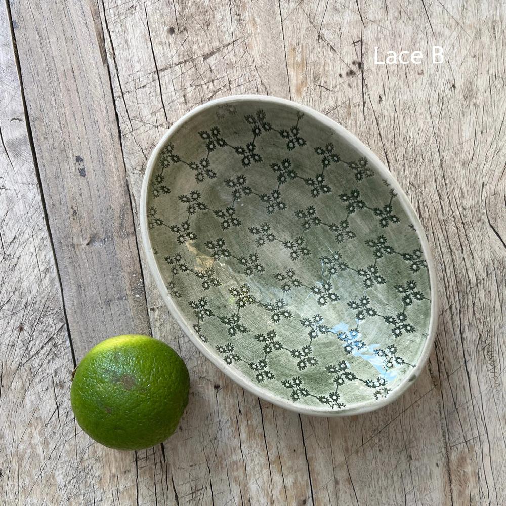 Greige Wonki Ware Oval Bowl - Extra Small - Dark Green Lace