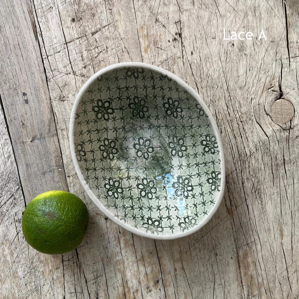 greige Wonki Ware Oval Bowl - Extra Small - Dark Green Lace