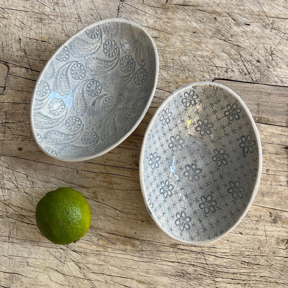 greige Wonki Ware Oval Bowl - Extra Small - Duck Egg Lace