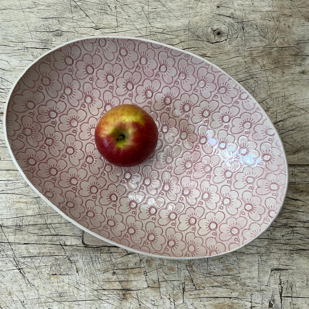 greige Wonki Ware Oval Bowl - Large - Pink Lace and Pink Wash