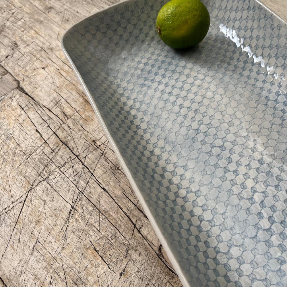 Greige Wonki Ware Prawn Serving Dish - Large - Duck Egg Lace