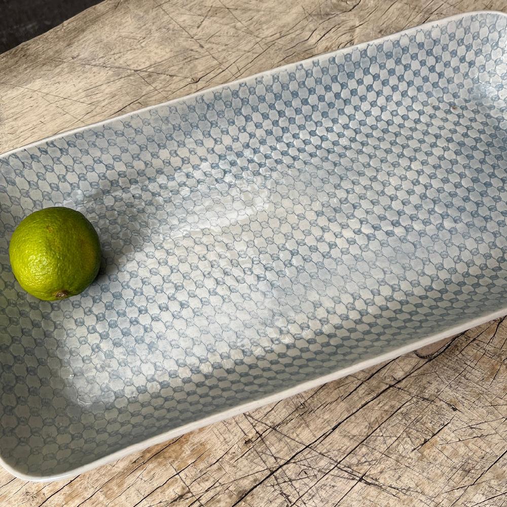 Greige Wonki Ware Prawn Serving Dish - Large - Duck Egg Lace