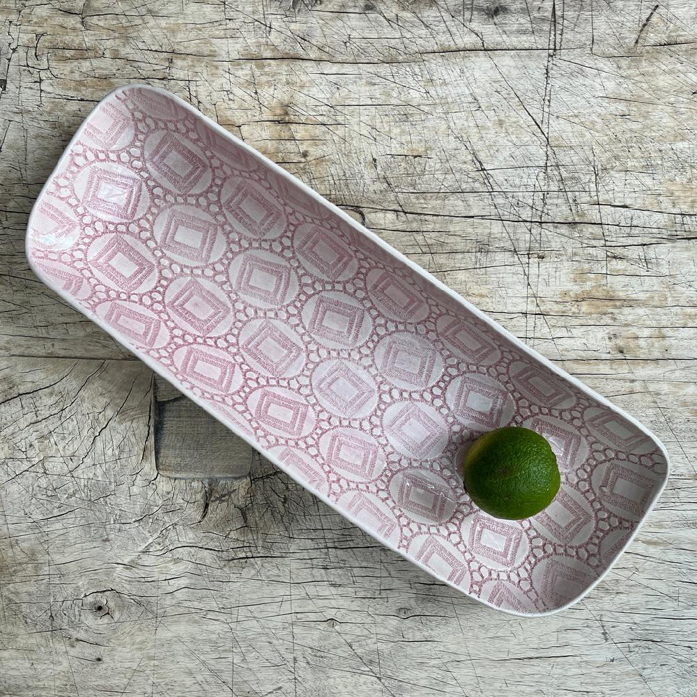 greige Wonki Ware Prawn Serving Dish or Platter - Small - Pink Lace