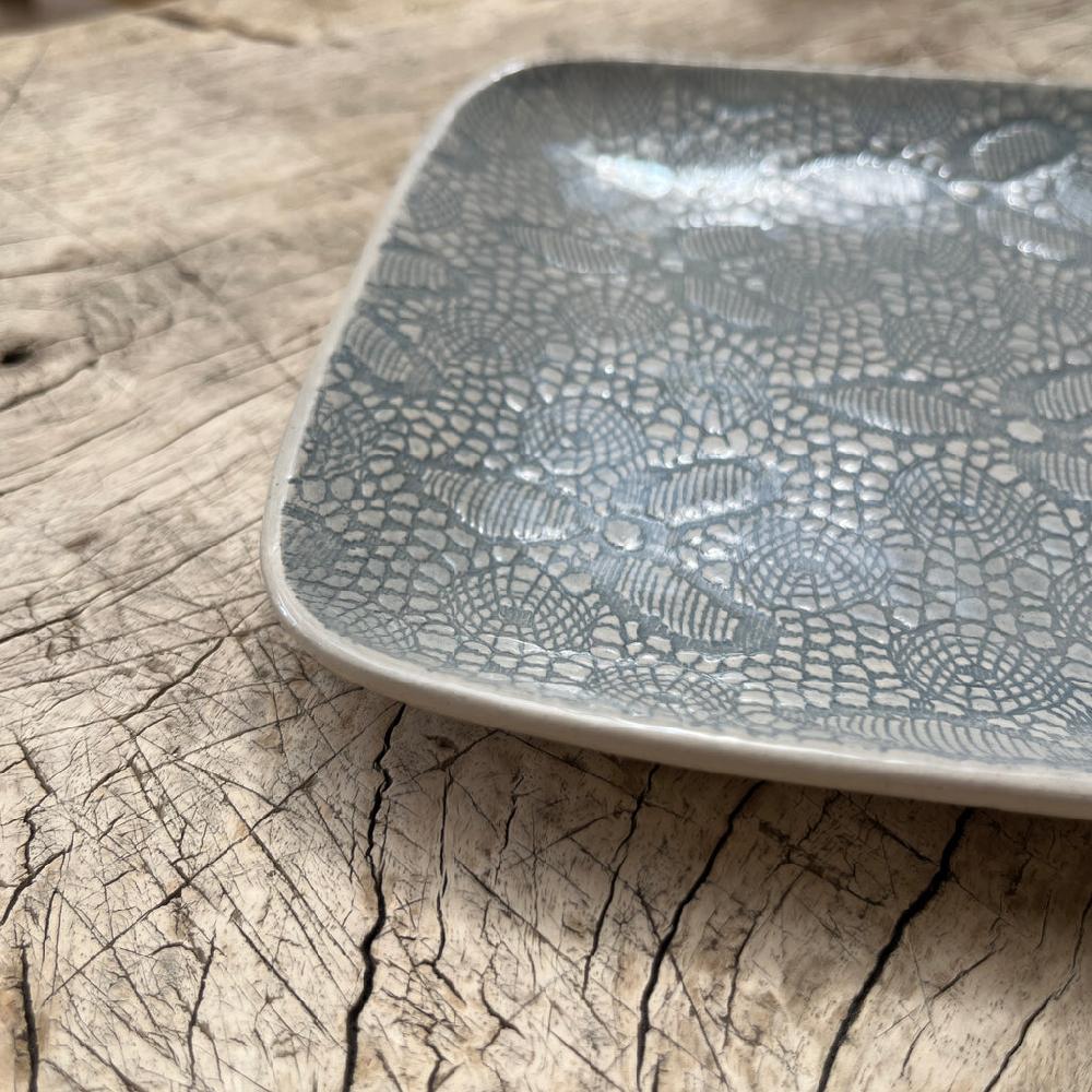 Greige Wonki Ware Rectangular Utensil Dish - Duck Egg Lace
