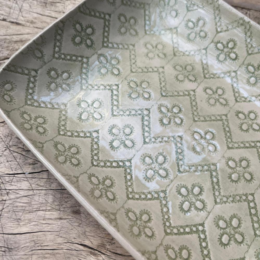 Greige Wonki Ware Rectangular Utensil Dish - Spearmint Lace