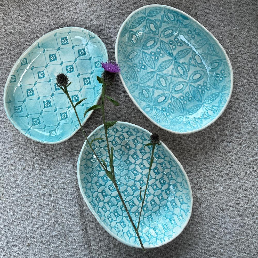 greige Wonki Ware Sushi or Tapas Dish - Turquoise Lace