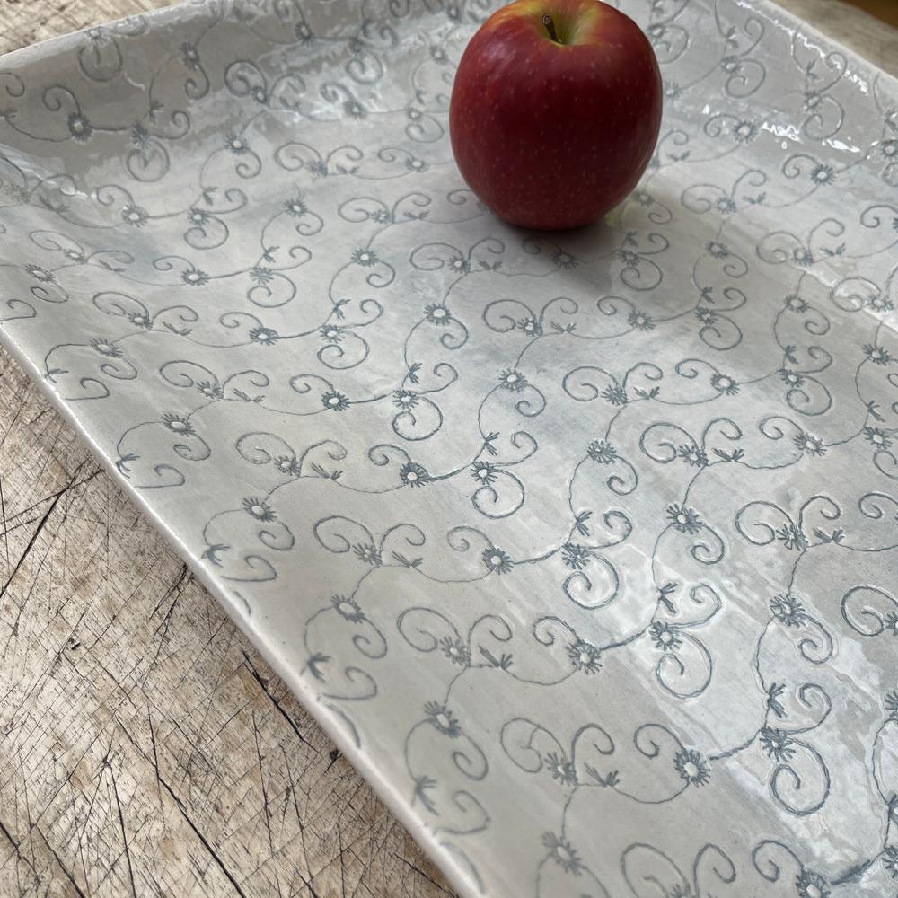 Greige Wonki Ware Trough Serving Platter - Large - Duck Egg Lace