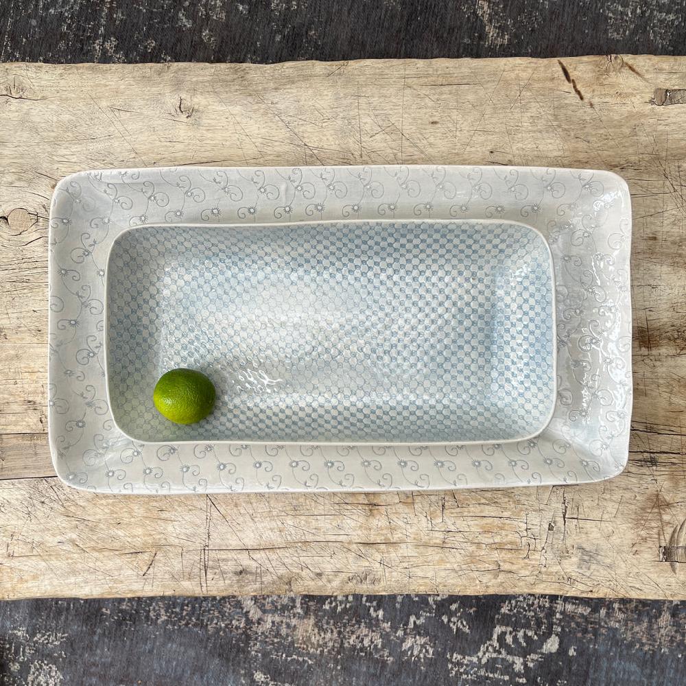 Greige Wonki Ware Trough Serving Platter - Large - Duck Egg Lace