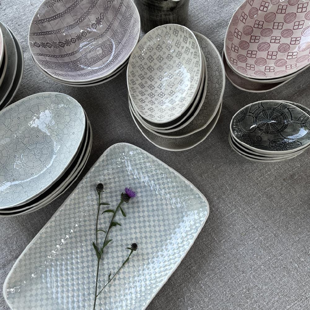 Greige Wonki Ware Trough Serving Platter - Small - Duck Egg Lace A