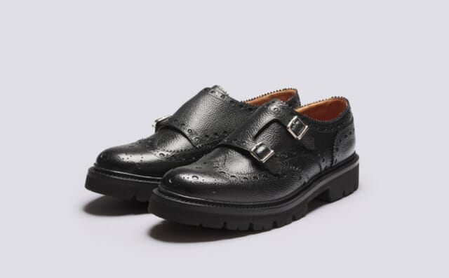 grenson Archer | Mens Brogue Monk Shoe in Black Leather