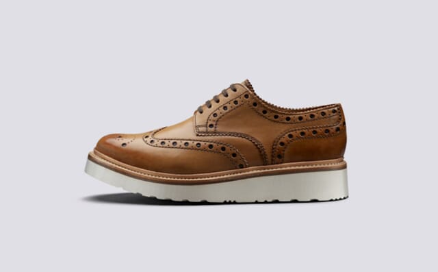 Grenson Archie | Mens Gibson Brogue In Tan Calf Leather With A White Wedge Sole Shoes