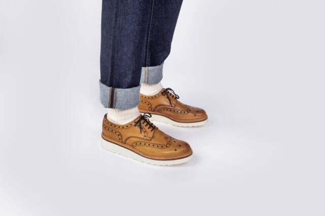 Grenson Archie | Mens Gibson Brogue In Tan Calf Leather With A White Wedge Sole Shoes