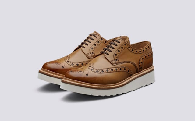 grenson Archie | Mens Gibson Brogue in Tan Calf Leather with a White Wedge Sole Shoes