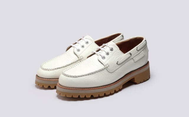 grenson Dunstan | Mens Boat Shoes in White Grain Leather