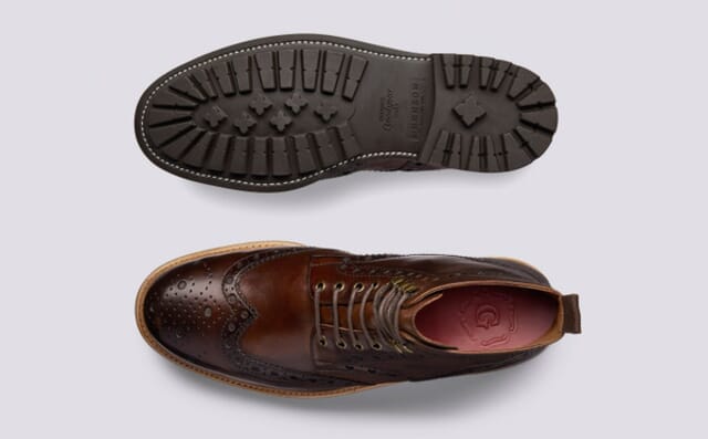 Grenson Fred | Mens Brogue Boot In Dark Brown Hand Painted Calf Leather With A Commando Sole Shoes