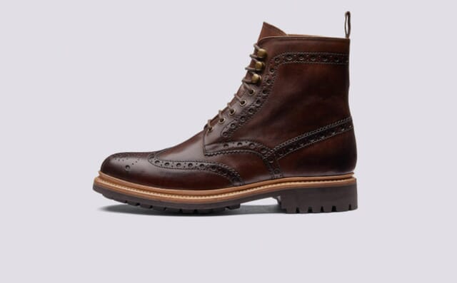 Grenson Fred | Mens Brogue Boot In Dark Brown Hand Painted Calf Leather With A Commando Sole Shoes