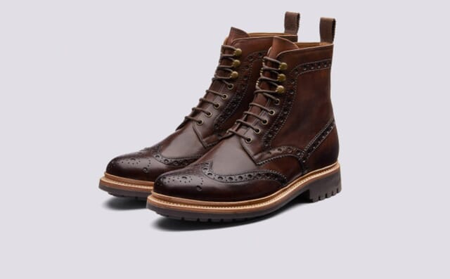 grenson Fred | Mens Brogue Boot in Dark Brown Hand Painted Calf Leather with a Commando Sole Shoes