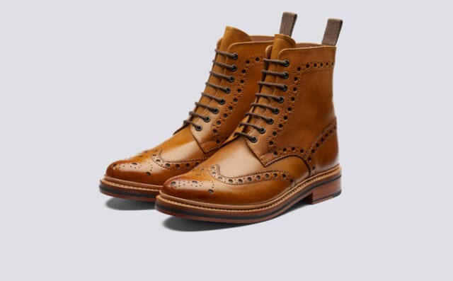grenson Fred | Mens Brogue Boot in Tan Calf Leather with a Leather Sole Shoes