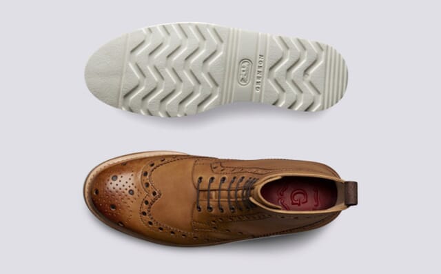 Grenson Fred | Mens Brogue Boot In Tan Calf Leather With A White Wedge Sole Shoes