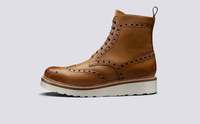 Grenson Fred | Mens Brogue Boot In Tan Calf Leather With A White Wedge Sole Shoes