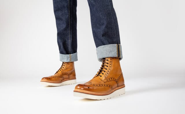 Grenson Fred | Mens Brogue Boot In Tan Calf Leather With A White Wedge Sole Shoes