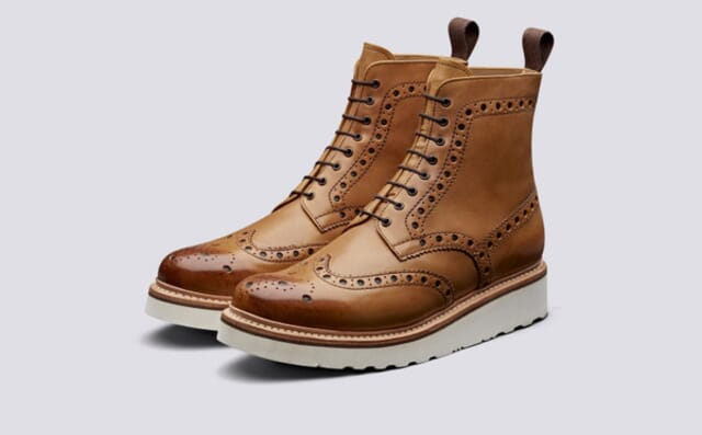 grenson Fred | Mens Brogue Boot in Tan Calf Leather with a White Wedge Sole Shoes