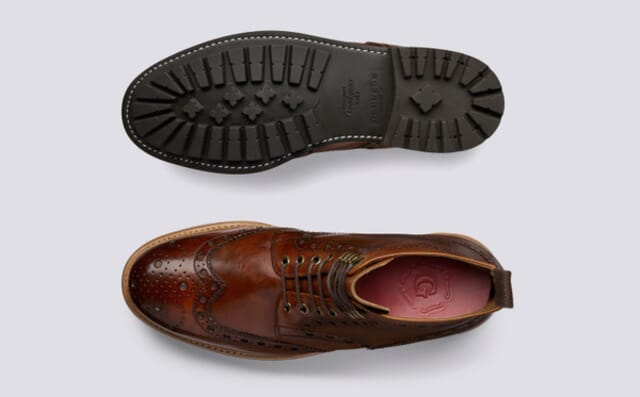 Grenson Fred | Mens Brogue Boot In Tan Hand Painted Calf Leather With A Commando Sole Shoes