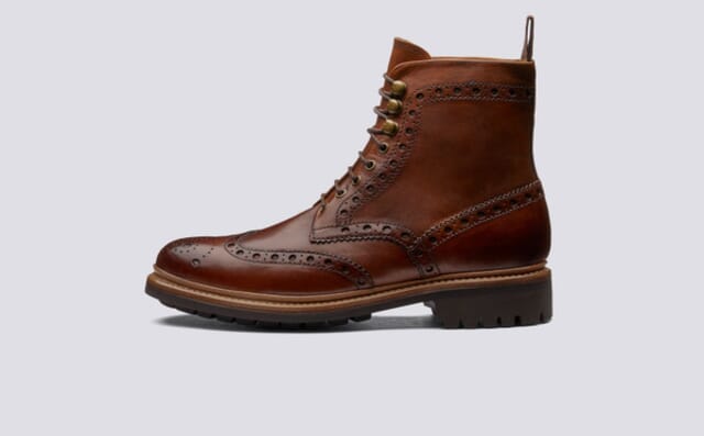 Grenson Fred | Mens Brogue Boot In Tan Hand Painted Calf Leather With A Commando Sole Shoes