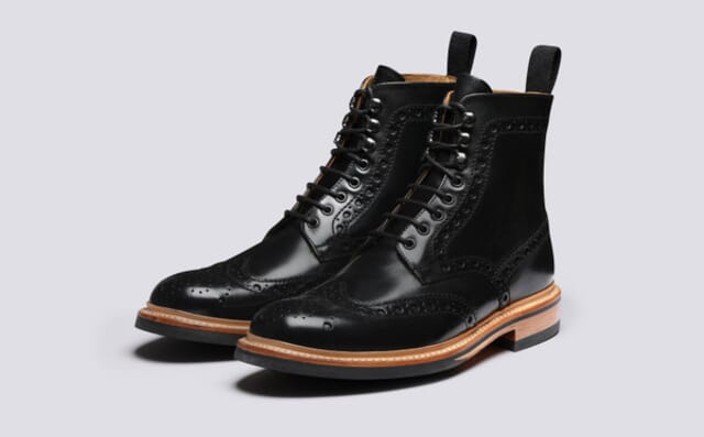 grenson Fred | Mens Brogue Boots in Black Colorado Leather