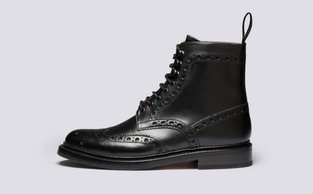 Grenson Fred | Mens Brogue Boots In Black Pull Up Leather