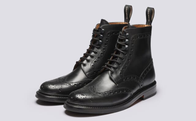 grenson Fred | Mens Brogue Boots in Black Pull Up Leather