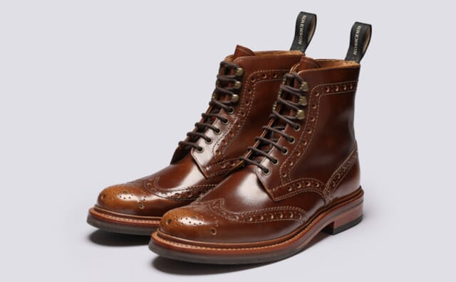 grenson Fred | Mens Brogue Boots in Tan Grain Leather