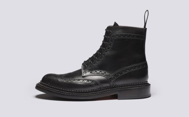 Grenson Fred | Mens Triple Welt Brogue Boots In Black Leather