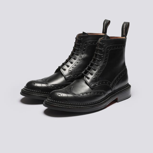 Grenson Fred | Mens Triple Welt Brogue Boots In Black Leather