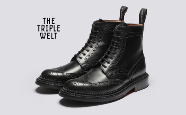 grenson Fred | Mens Triple Welt Brogue Boots in Black Leather